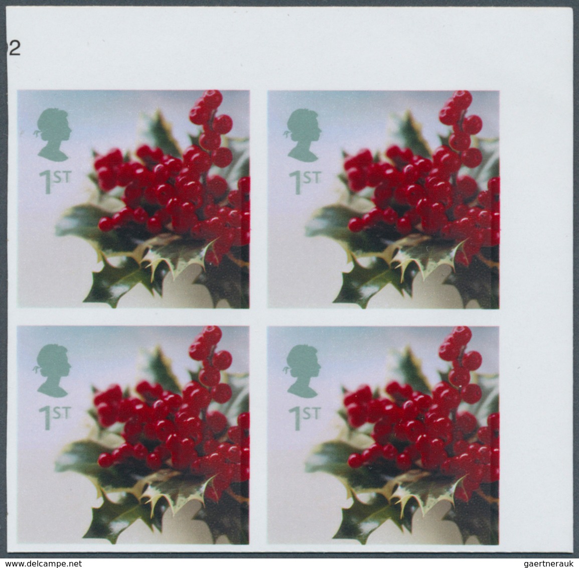 Großbritannien: 2002, 1st Holly, Imperforated Block Of 4 From The Upper Right Corner Of The Sheet, U - Other & Unclassified