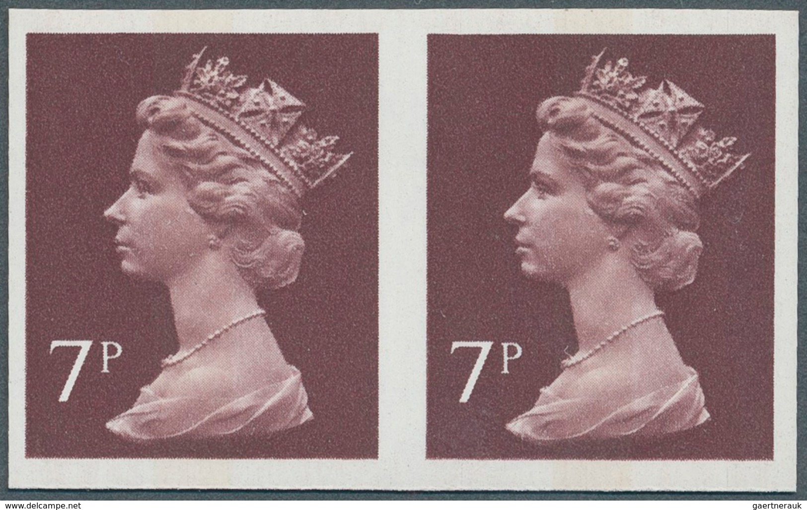 Großbritannien - Machin: 1977, 7 P. Purple-brown, 1 Centre Band, Imperforated Pair, Unmounted Mint. - Machins