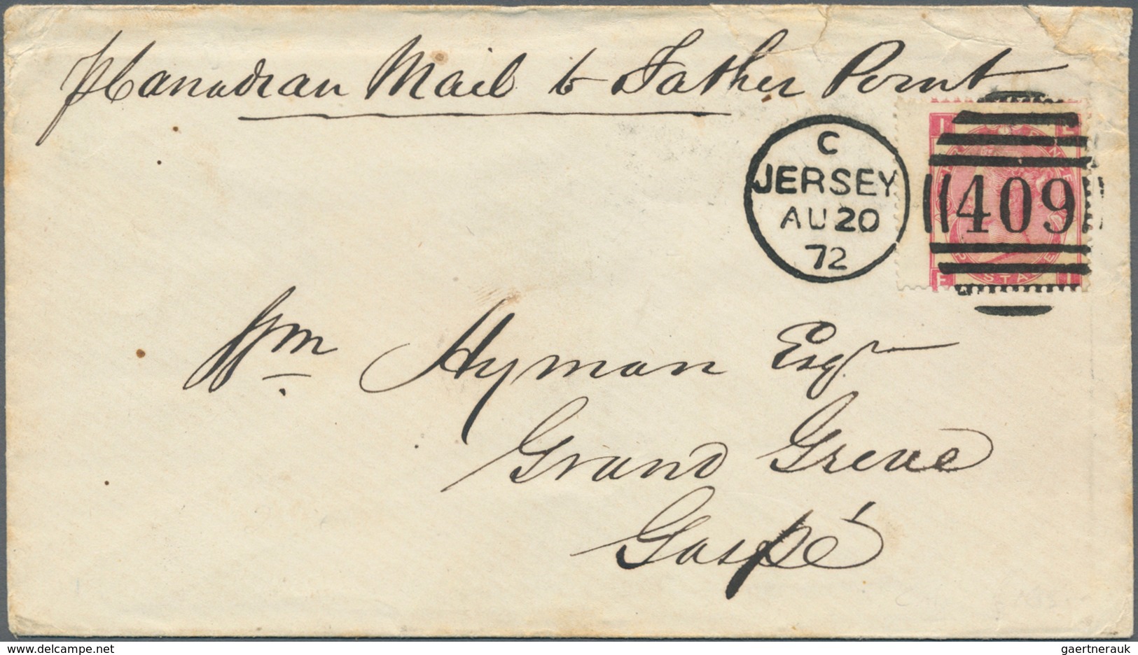 Großbritannien - Jersey: 1872 Destination CANADA: Cover From JERSEY To Grand Grevè In Gaspé, Québec, - Jersey