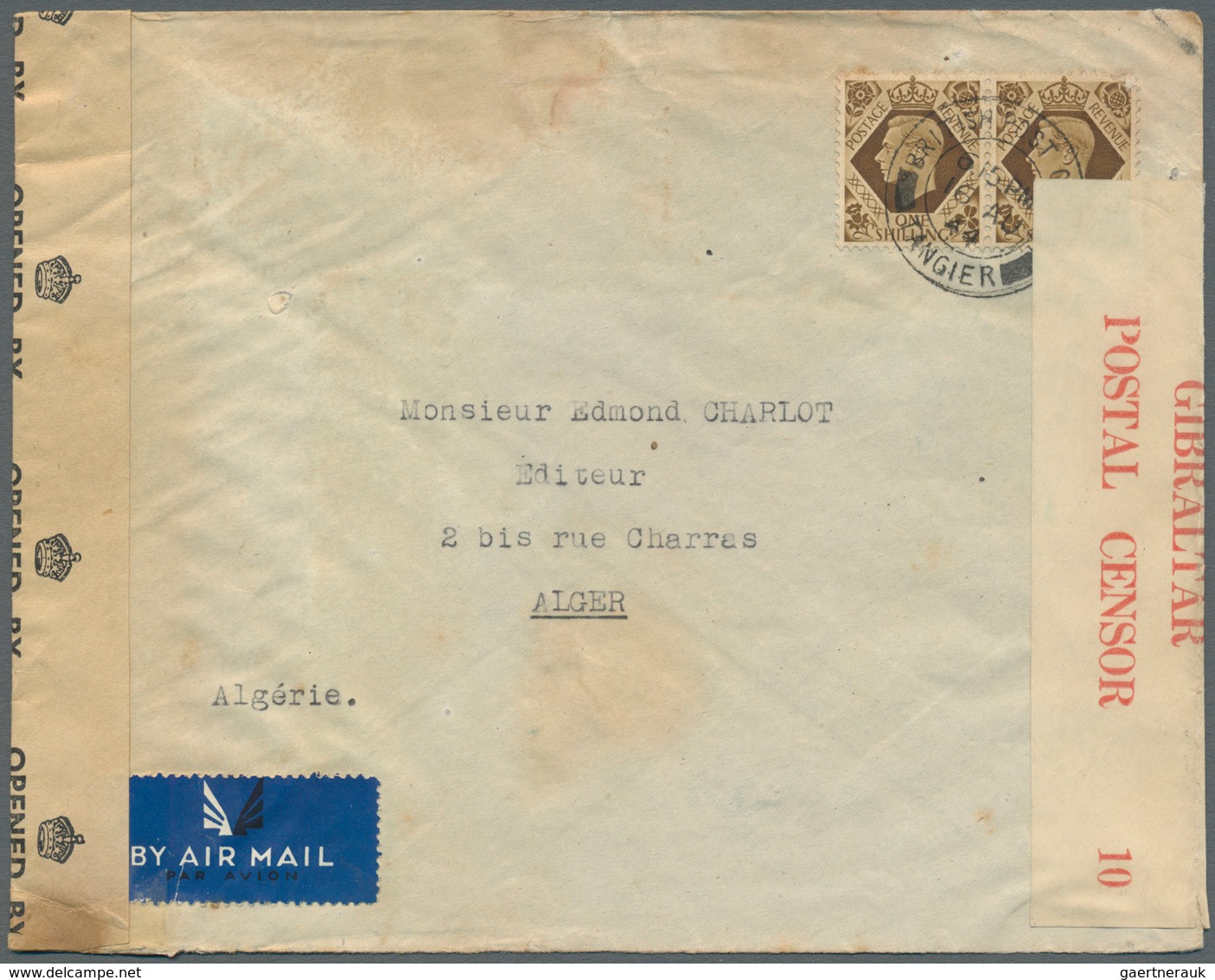 Britische Post In Marokko: 1944. Censored Air Mail Envelope (faults/stains) To Algeria Bearing Great - Autres & Non Classés