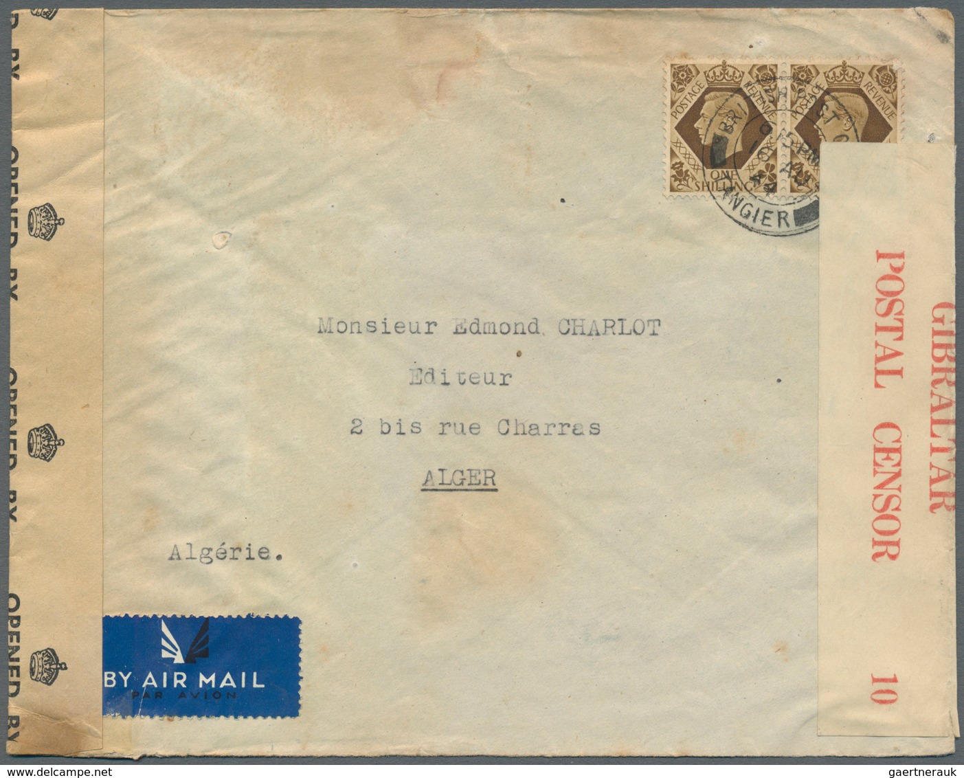 Britische Post In Marokko: 1944. Censored Air Mail Envelope (faults/stains) To Algeria Bearing Great - Other & Unclassified