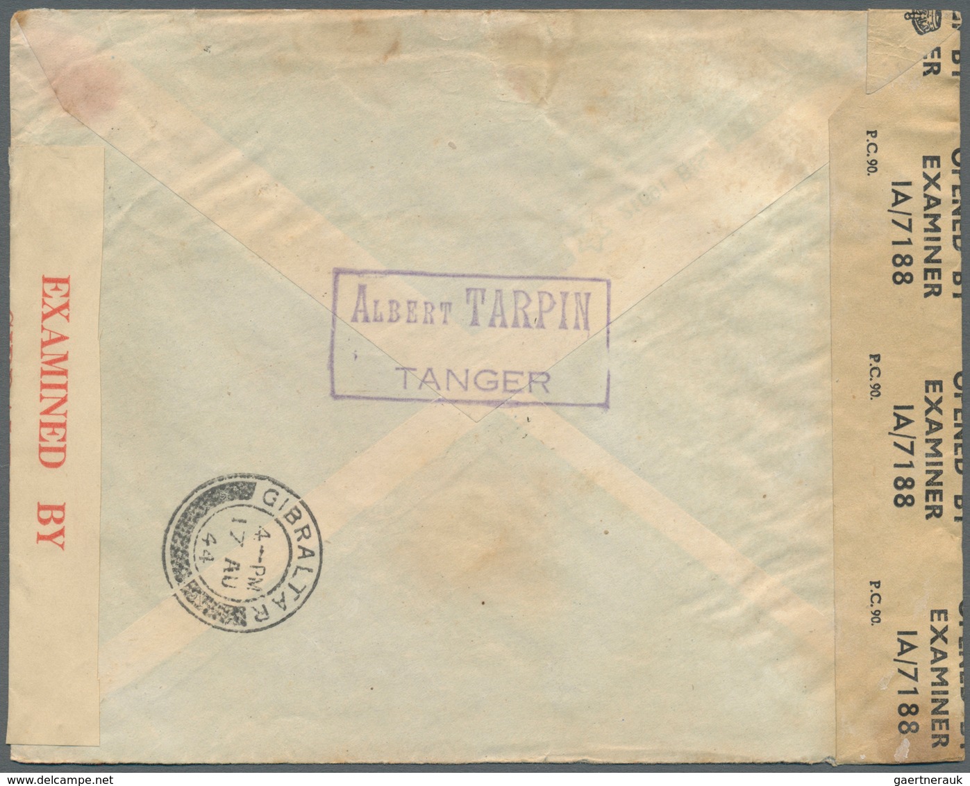 Britische Post In Marokko: 1944. Censored Air Mail Envelope (faults/stains) To Algeria Bearing Great - Other & Unclassified