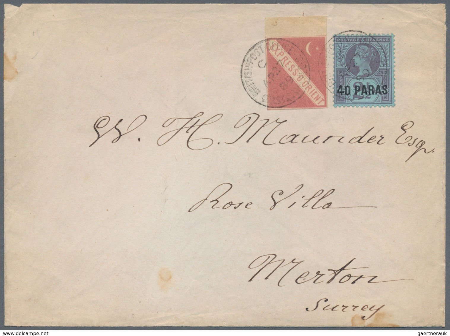 Britische Post In Der Türkei: 1889, Letter Franked With 40 Para On 2 1/2d With Additional Imperforat - Other & Unclassified