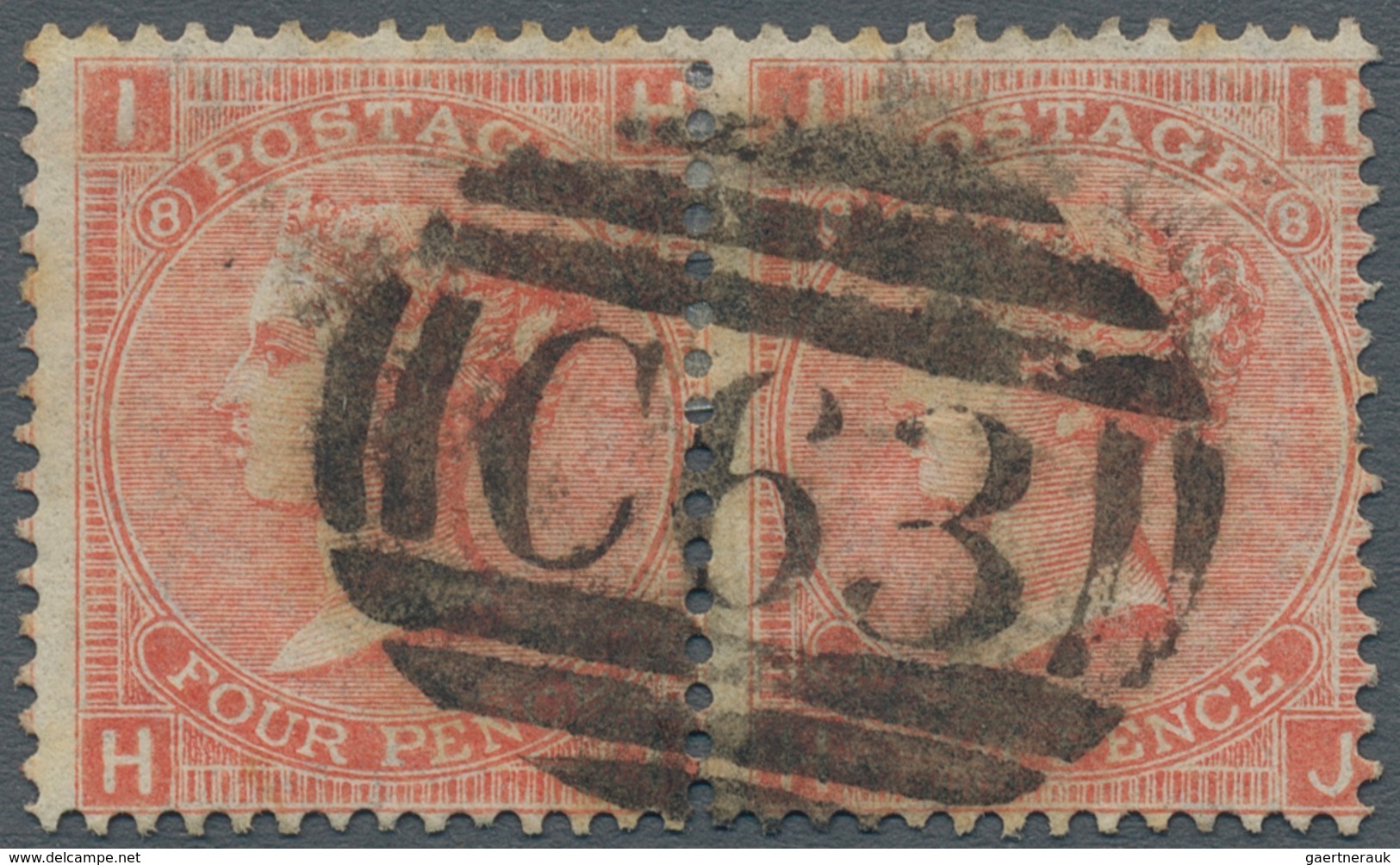 Großbritannien - Used Abroad: 1870, 4 D QV Plate "8" Horizontal Pair With Ideal Barred Oval "C 63" F - Autres & Non Classés