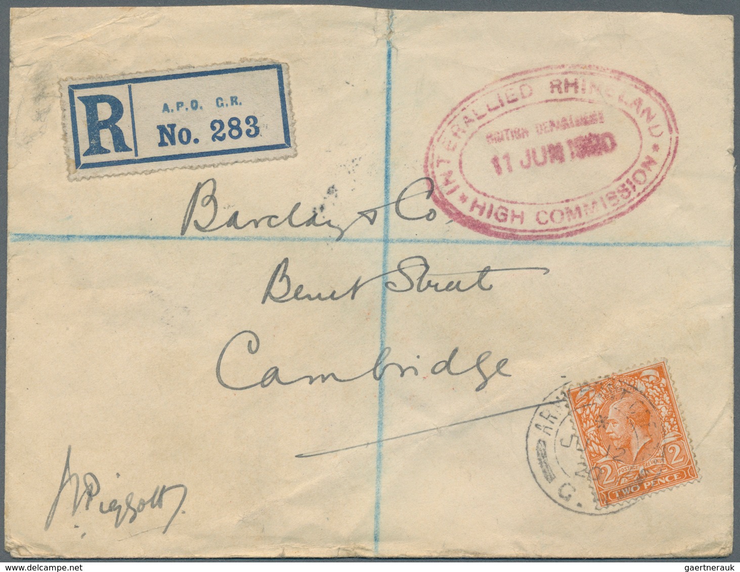 Großbritannien - Used Abroad: 1920. Registered Envelope Addressed To Cambridge Bearing Great Britain - Sonstige & Ohne Zuordnung