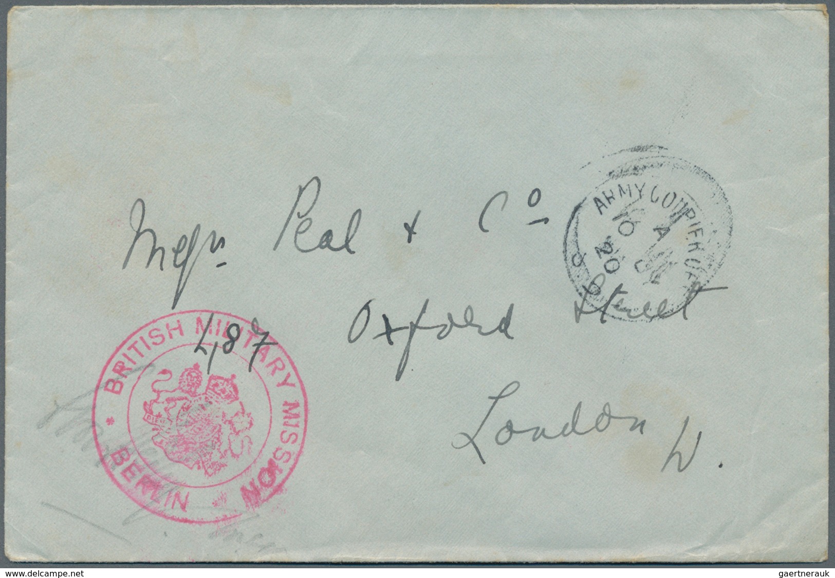 Großbritannien - Besonderheiten: 1920. Stamp-less Envelope Addressed To London Cancelled By 'Army Co - Sonstige & Ohne Zuordnung