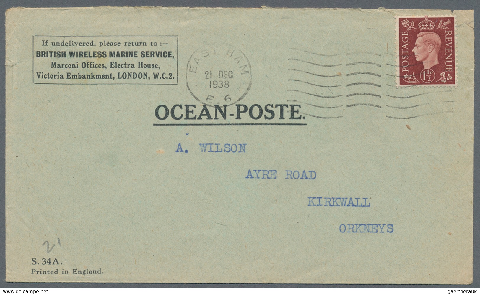 Großbritannien - Besonderheiten: 1938, OCEAN-LETTER Franked With 1 1/2 D Georg VI Containing Complet - Other & Unclassified