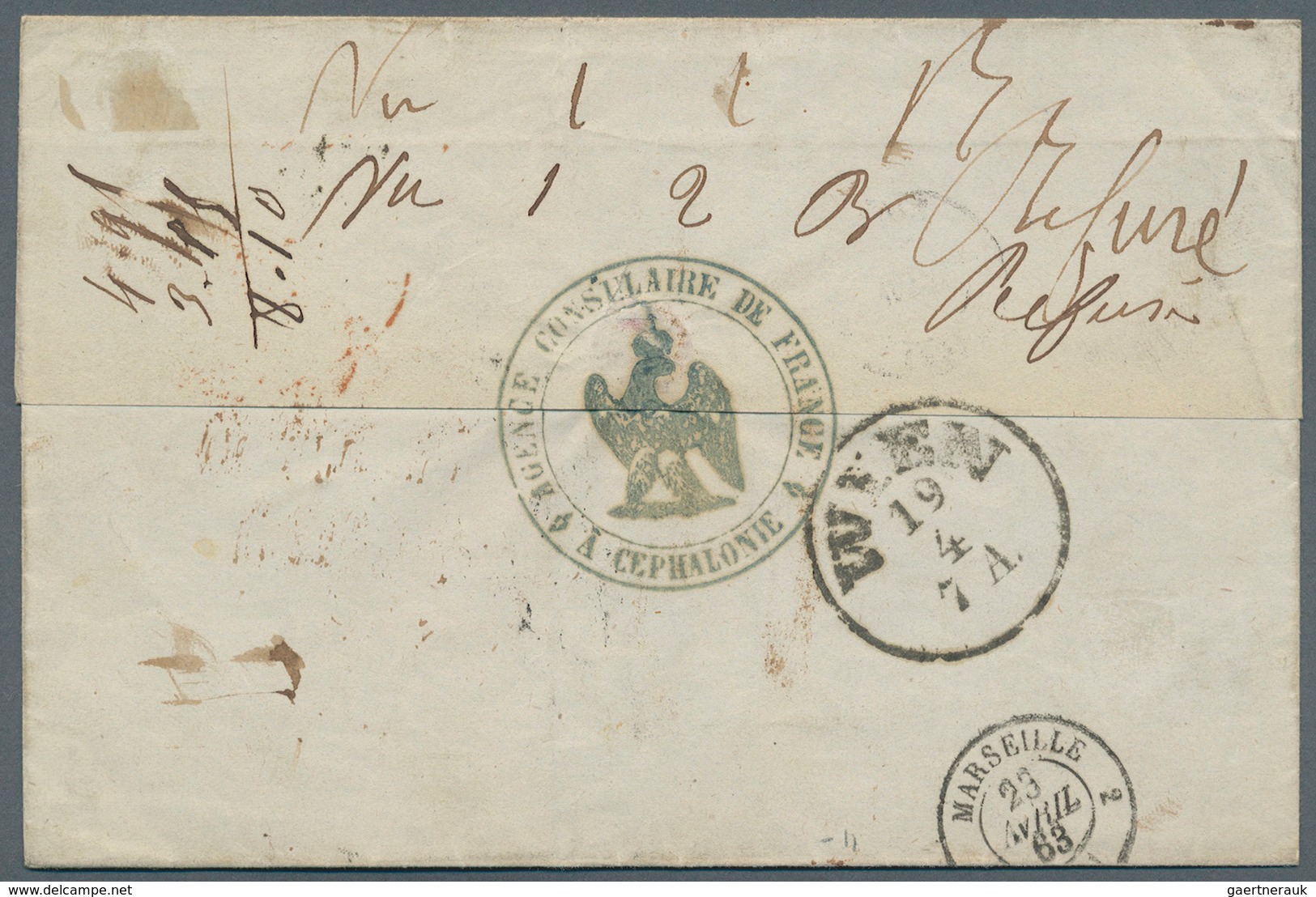 Ionische Inseln: 1863. Stampless Envelope Written From The 'French Consulate On Cephalonia' With Cac - Iles Ioniques