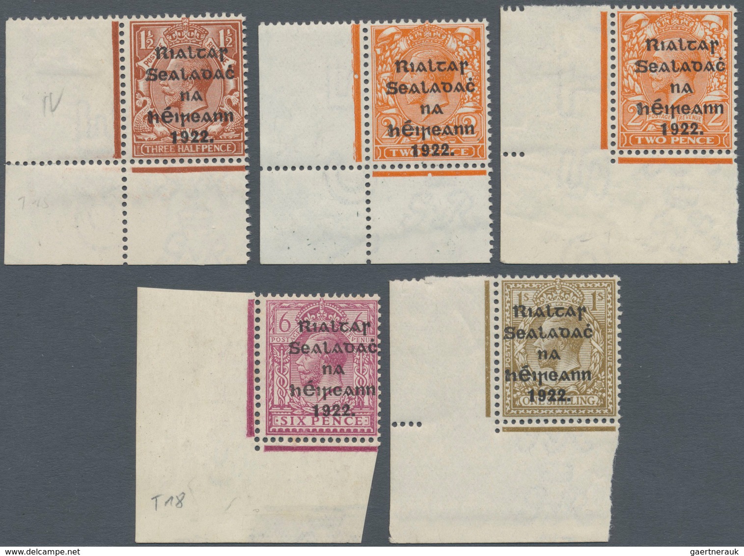 Irland: 1922, Rialtas/Soarstat Overprints, Set Of Five And Set Of Twelve Values, Bottom Marginal Cop - Briefe U. Dokumente