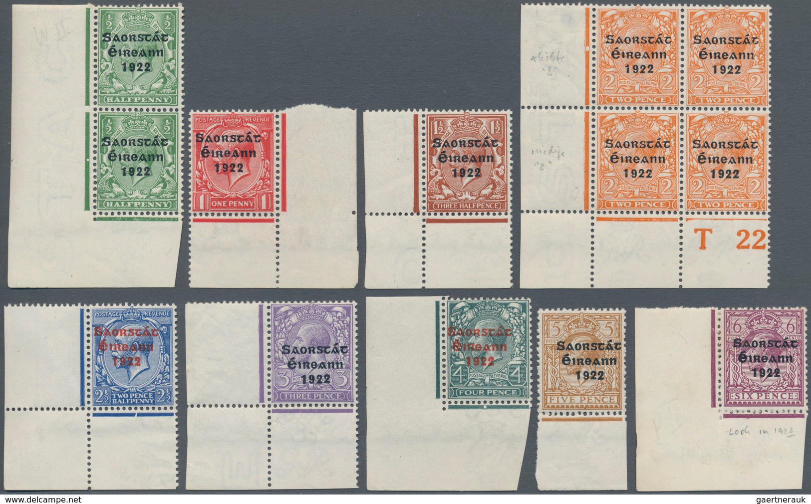 Irland: 1922, Rialtas/Soarstat Overprints, Set Of Five And Set Of Twelve Values, Bottom Marginal Cop - Briefe U. Dokumente