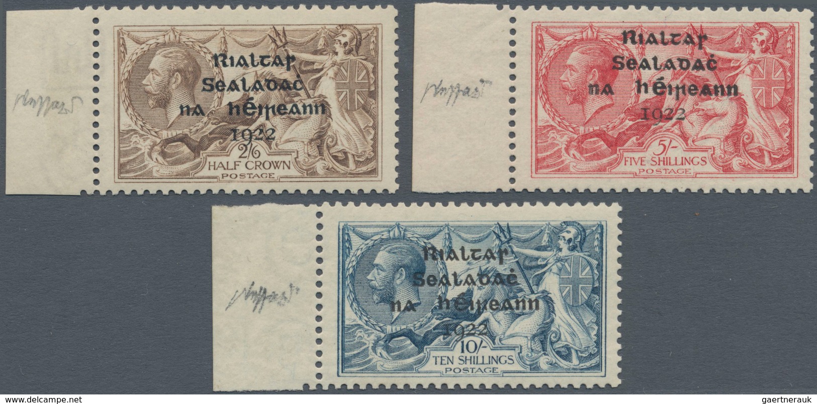 Irland: 1922, Rialtas Overprints, Dollard Printing, 2s.6d. Brown, 5s. Rose-carmine And 10s. Dull Gre - Lettres & Documents