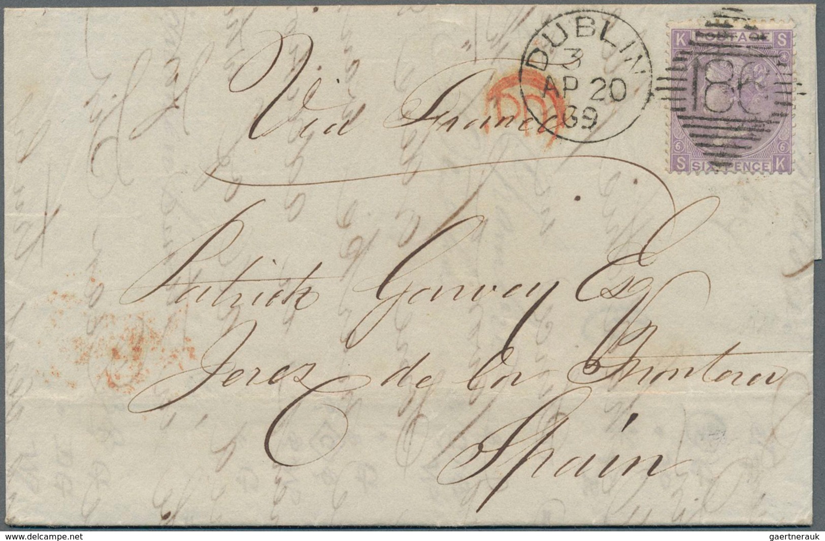 Irland: 1869 Destination SPAIN: Entire Letter From Dublin To Jerez De La Frontera, Spain 'via France - Covers & Documents