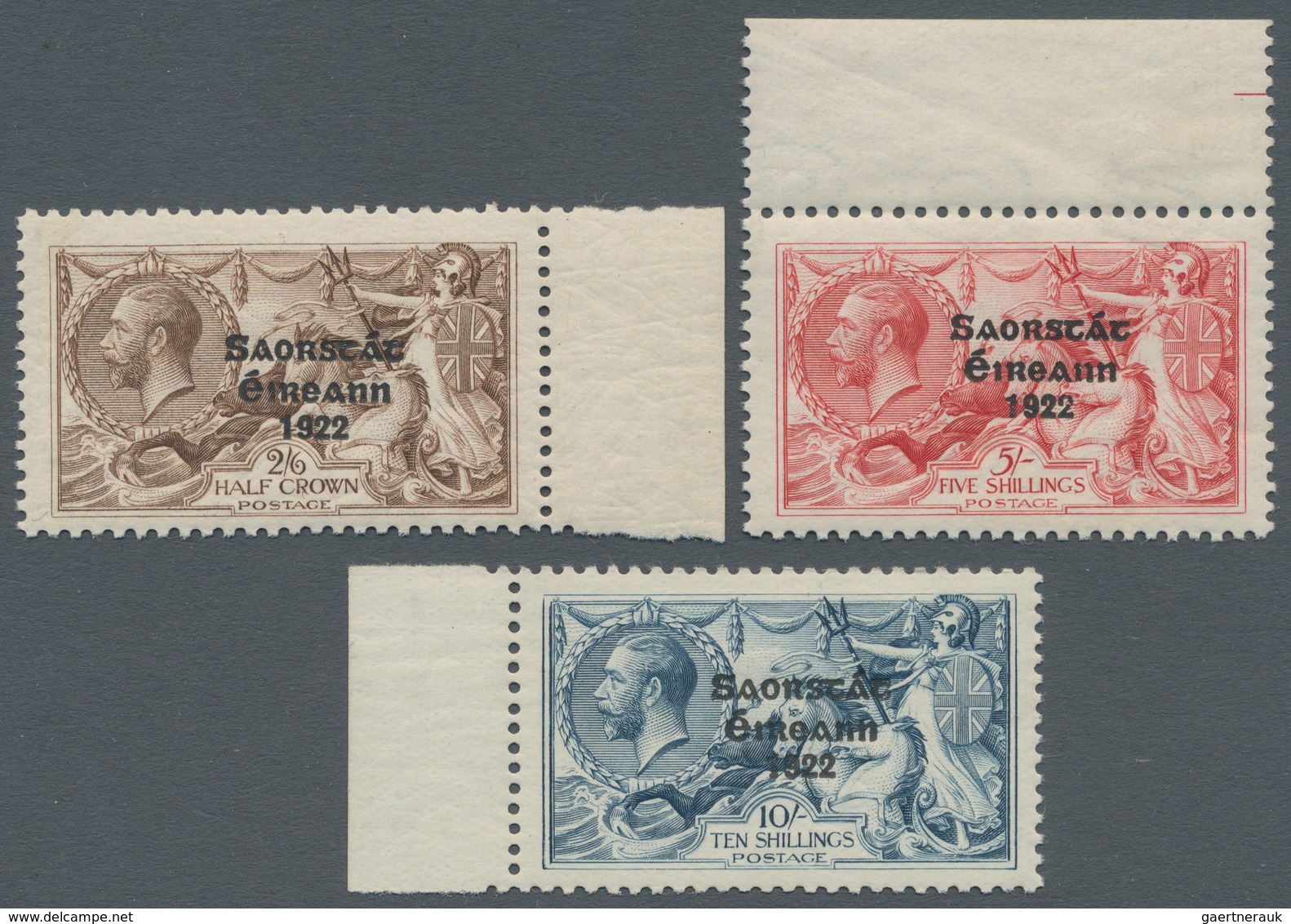 Irland: 1925, Saorstat Overprints, 2s.6d. Brown, 5s. Rose-carmine And 10s. Dull Grey-blue, Three Mar - Briefe U. Dokumente