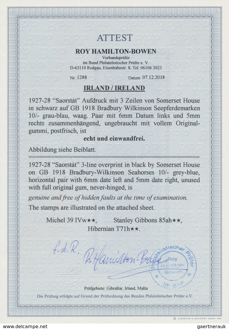 Irland: 1927/1928, Saorstat Overprints, 10s.dull Grey-blue, Horizontal Pair With Wide And Narrow Dat - Briefe U. Dokumente