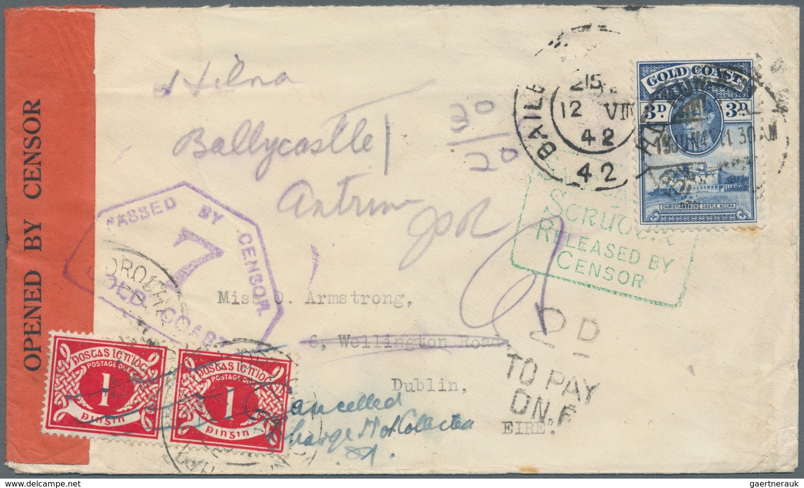 Irland - Portomarken: 1942. Envelope Addressed To Ireland Bearing Gold Coast SG 124, 3d Blue Tied By - Timbres-taxe