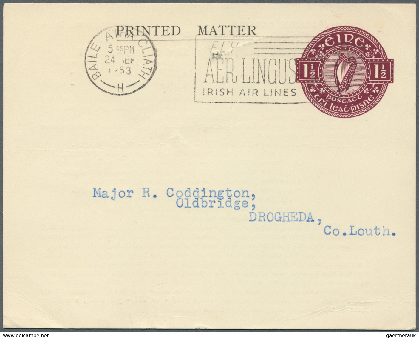 Irland - Ganzsachen: Craigie Bros., Dublin: 1953, 1 1/2 D. Violet Printed Matter Card With "Telegram - Postal Stationery