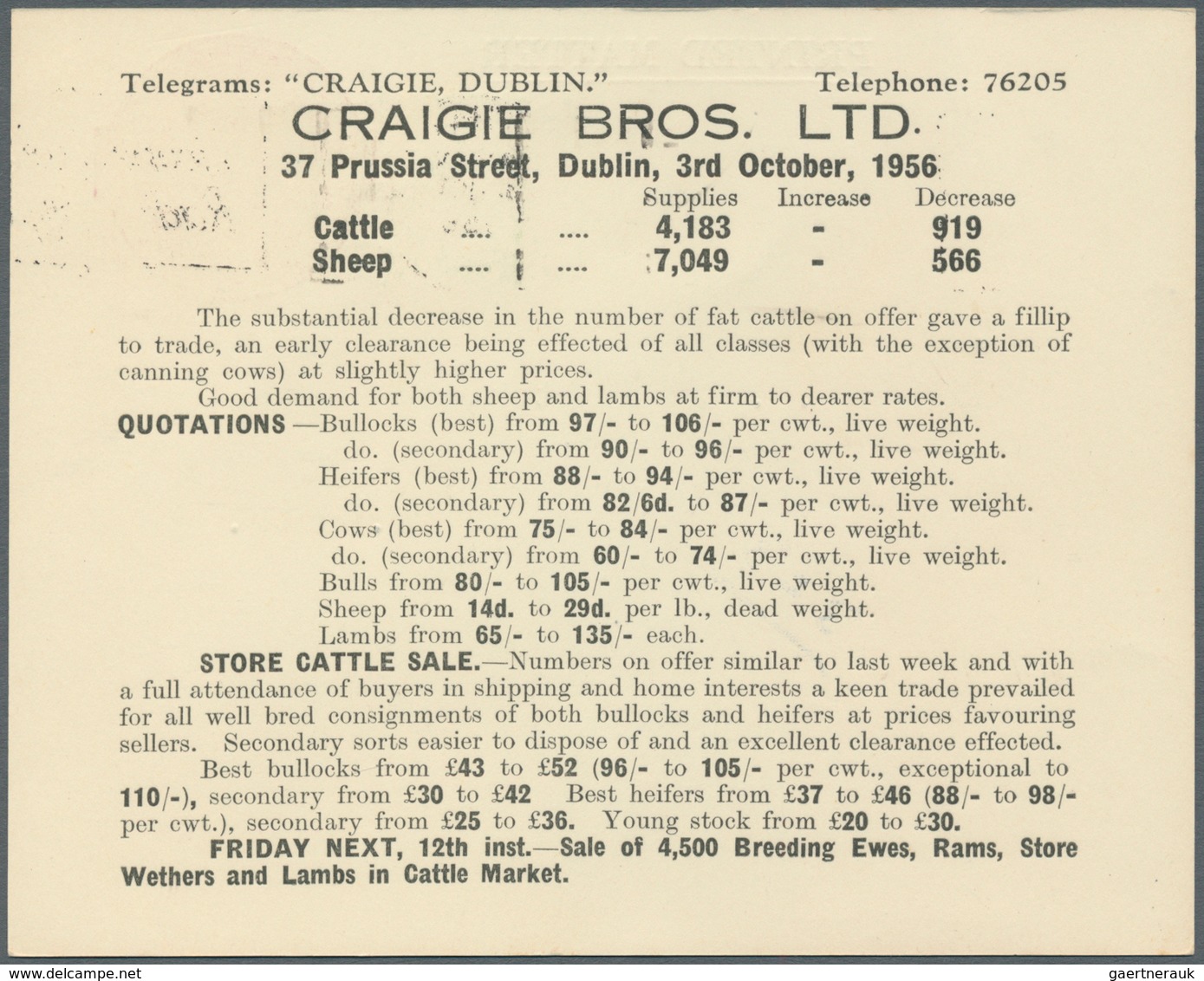Irland - Ganzsachen: Craigie Bros., Dublin: 1956, 1 1/2 D. Violet Printed Matter Card With "Telegram - Ganzsachen