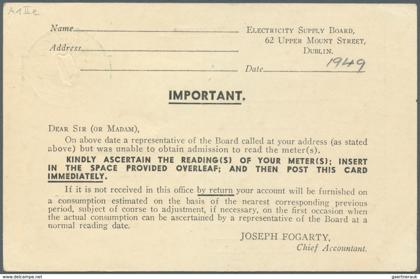 Irland - Ganzsachen: Electricity Supply Board: 1944 (?), 1/2 D. Pale Green Printed Matter Card (Mete - Entiers Postaux