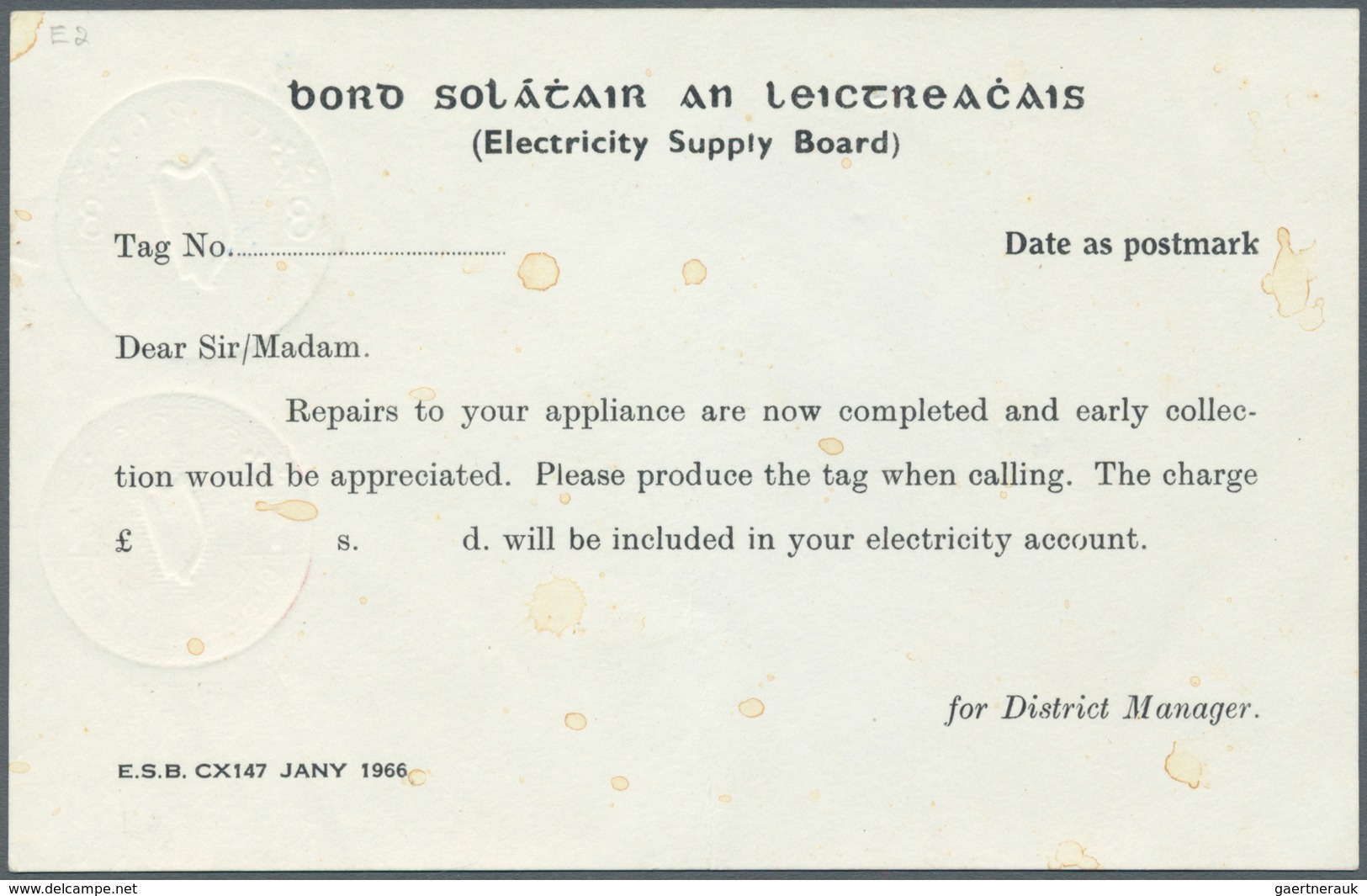 Irland - Ganzsachen: Electricity Supply Board: 1969, 3 D. Blue + 1 D. Red Printed Matter Card (Invoi - Postal Stationery