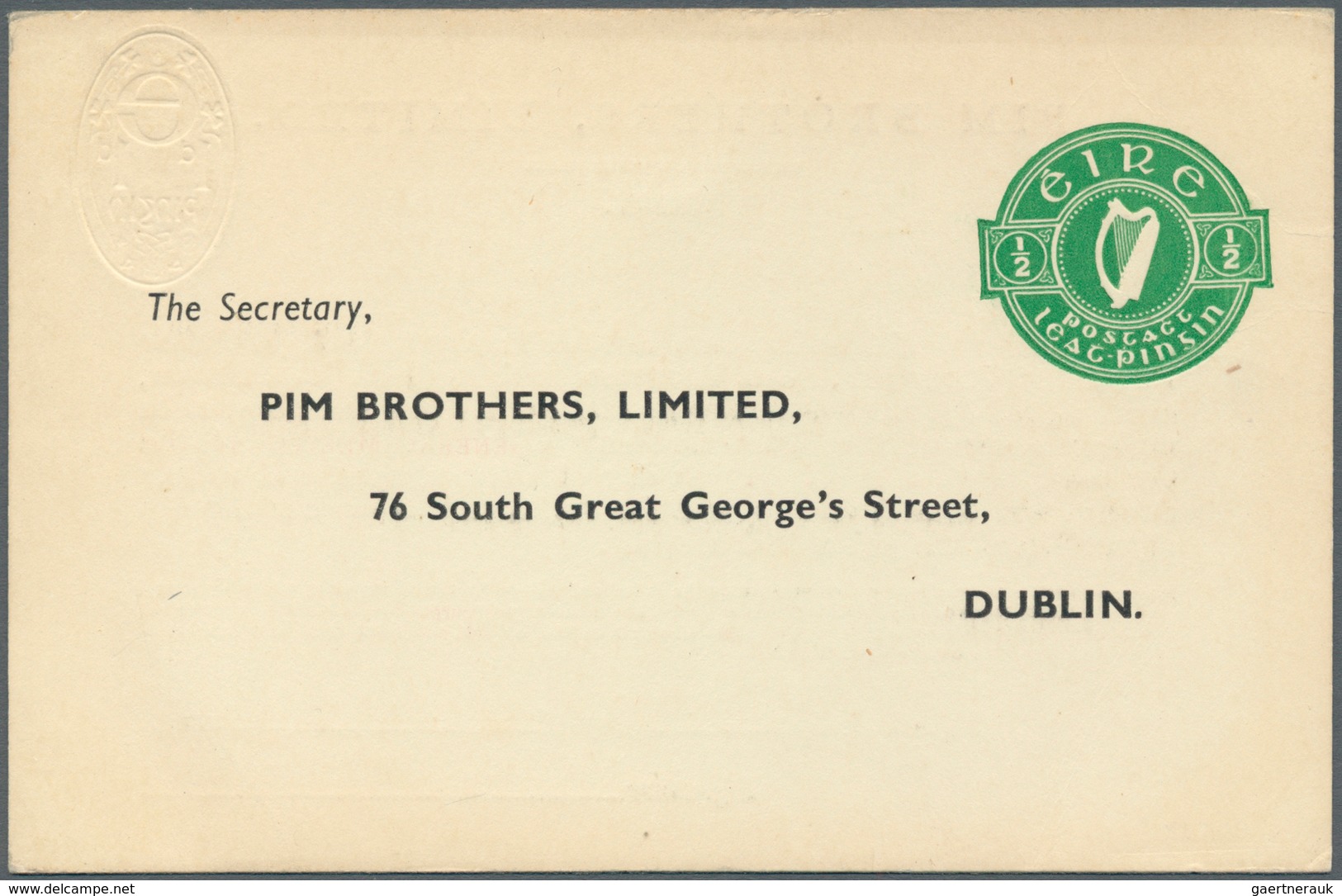 Irland - Ganzsachen: Pim Brothers, Ltd., Dublin: 1947, 1/2 D. Pale Green "proxy" Card, Text In Black - Ganzsachen