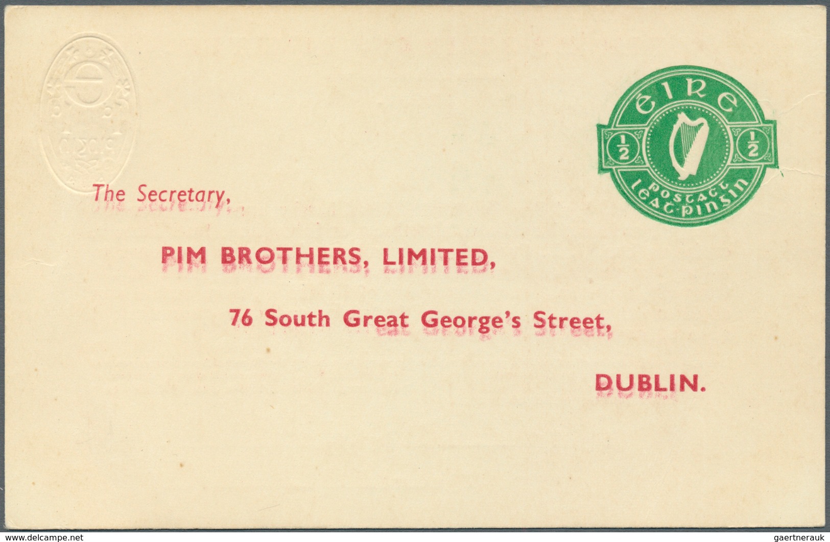 Irland - Ganzsachen: Pim Brothers, Ltd., Dublin: 1947, 1/2 D. Pale Green "proxy" Card, Text In Red W - Entiers Postaux
