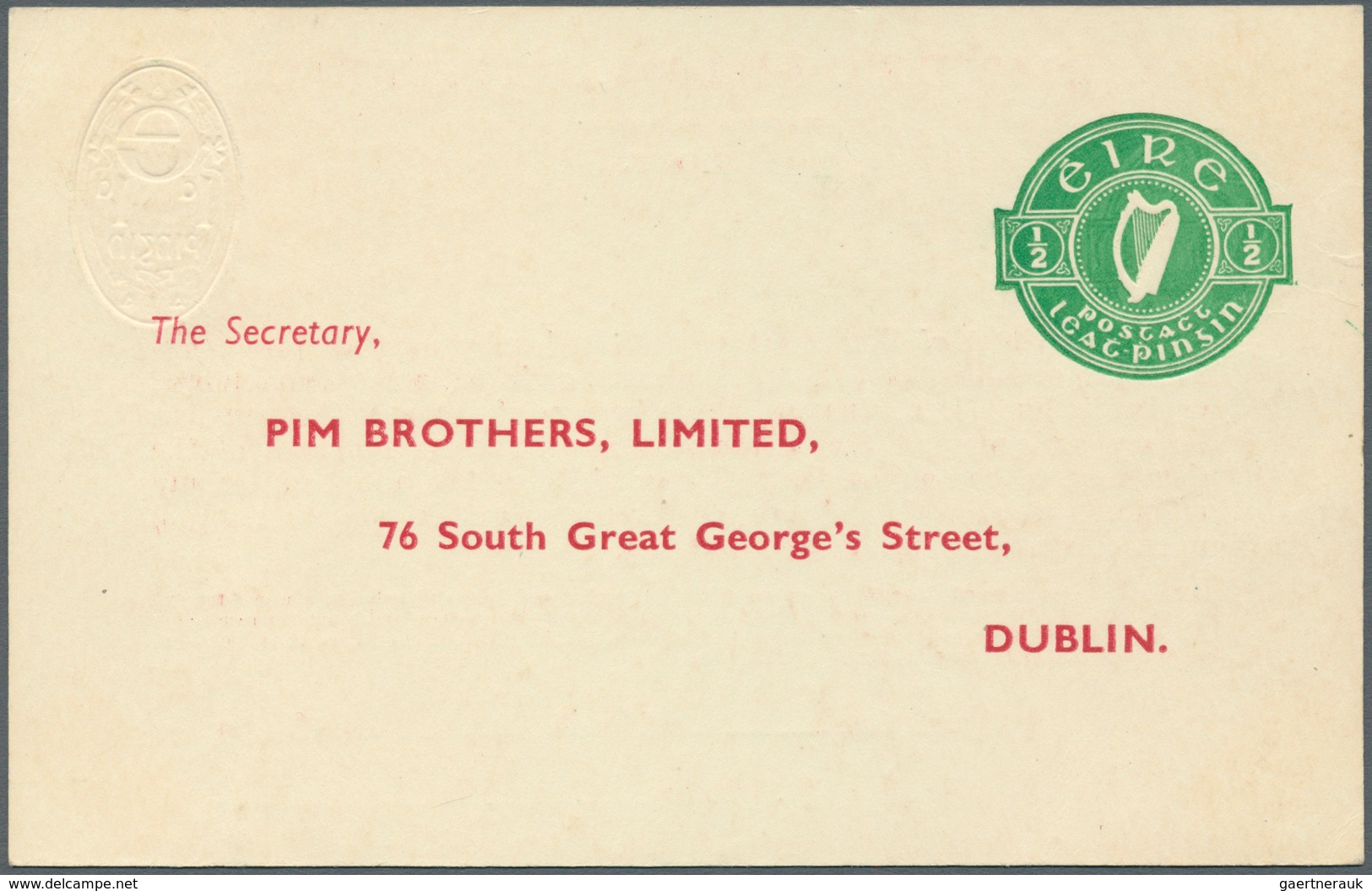 Irland - Ganzsachen: Pim Brothers, Ltd., Dublin: 1947, 1/2 D. Pale Green "proxy" Card, Text In Red, - Postal Stationery