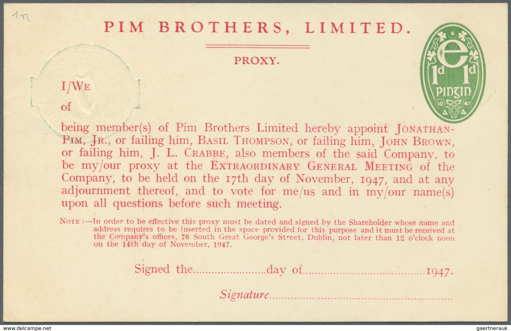 Irland - Ganzsachen: Pim Brothers, Ltd., Dublin: 1947, 1/2 D. Pale Green "proxy" Card, Text In Red, - Ganzsachen