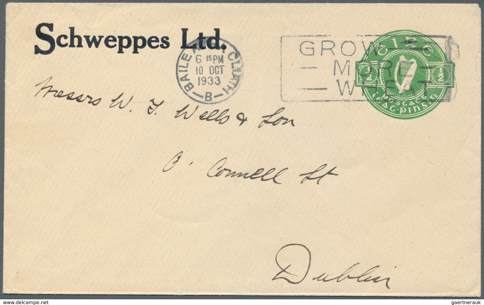 Irland - Ganzsachen: Schweppes Ltd.: 1933, 1/2 D. Pale Green Envelope, Used Local From "BALE ÁTHA CL - Entiers Postaux