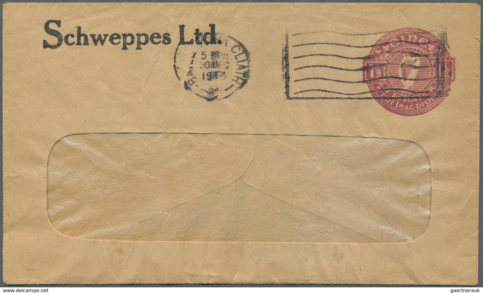 Irland - Ganzsachen: Schweppes Ltd.: 1952, 1 1/2 D. Violet Window Envelope, Used From "BALE ÁTHA CLI - Entiers Postaux