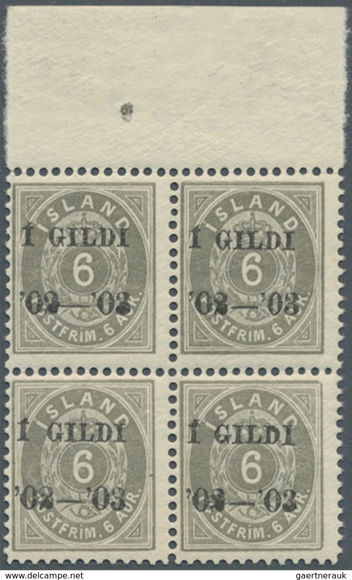 Island: 1902, Gildi Overprints, 6a. Grey, Perf. 12¾, BLACK Overprint, Top Marginal Block Of Four, Br - Autres & Non Classés