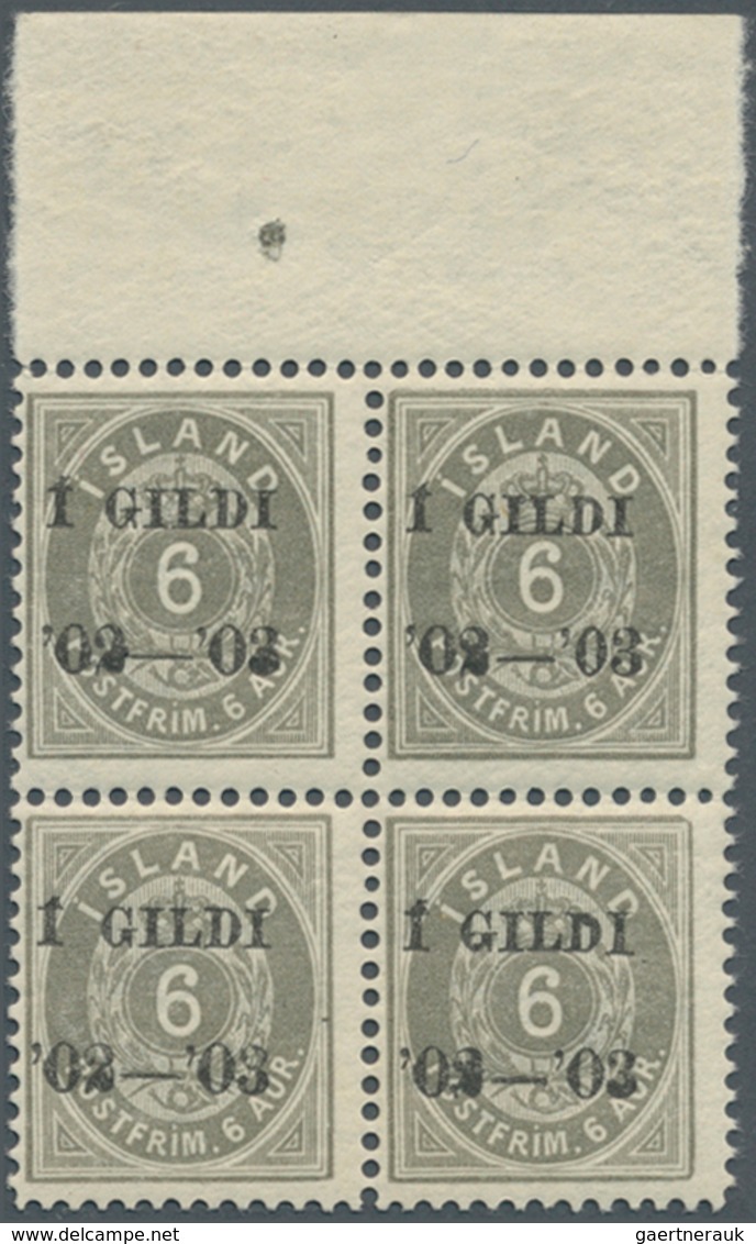 Island: 1902, Gildi Overprints, 6a. Grey, Perf. 12¾, BLACK Overprint, Top Marginal Block Of Four, Br - Sonstige & Ohne Zuordnung