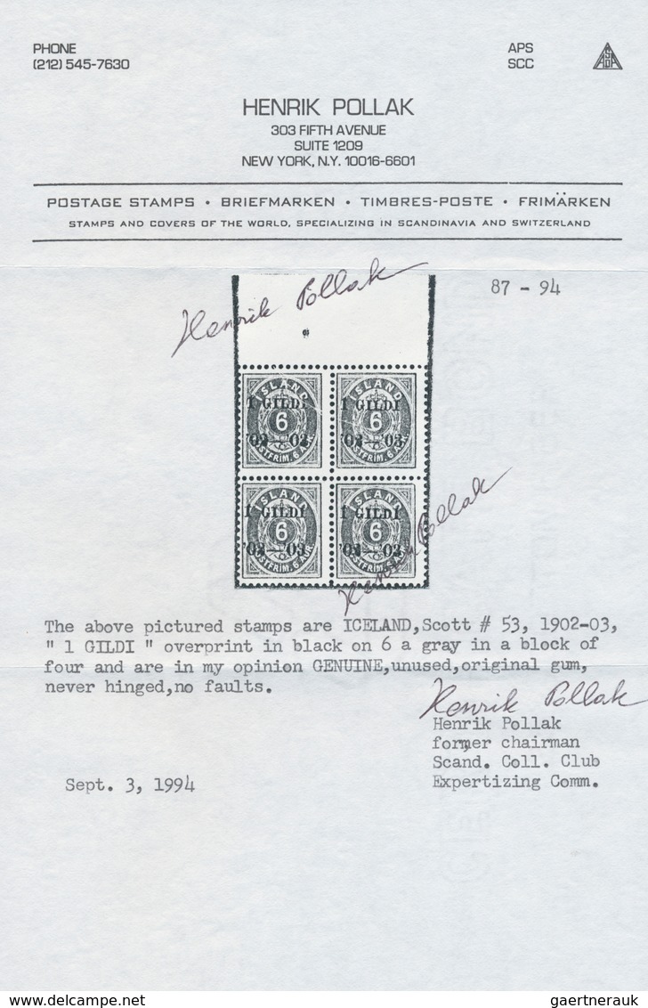 Island: 1902, Gildi Overprints, 6a. Grey, Perf. 12¾, BLACK Overprint, Top Marginal Block Of Four, Br - Autres & Non Classés