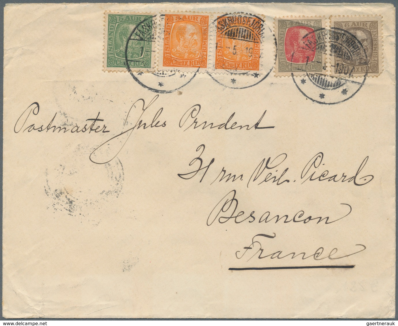 Island: 1907. Envelope Addressed To France Bearing Yvert 34, 3a Orange (pair), Yvert 35, 4a Grey And - Autres & Non Classés