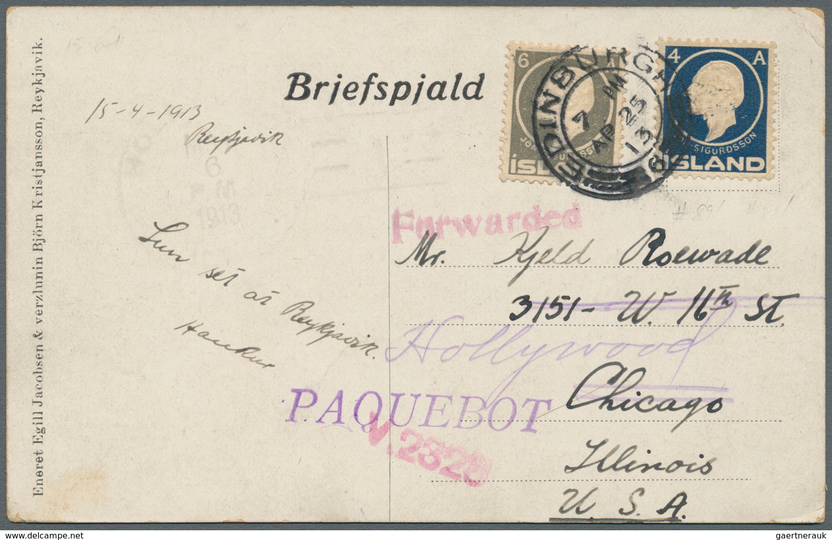 Island: 1913. Picture Post Card Dated '15th April 1913' Addressed To The United States Bearing Yvert - Autres & Non Classés