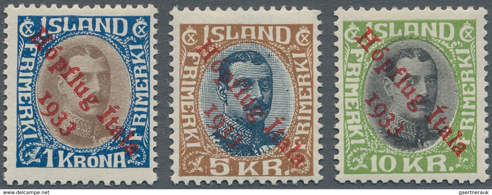 Island: 1933, Hopflug, 1kr. To 10kr., Complete Set Of Three Values, Fresh Colours, Well Perforated, - Sonstige & Ohne Zuordnung