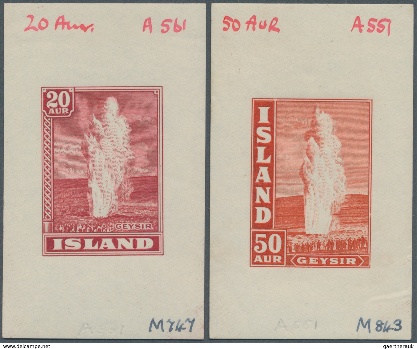 Island: 1938, Great Geyser 20aur. And 50aur. In IMPERFORATE DIE PROOFS In Different Shades Of Red On - Autres & Non Classés