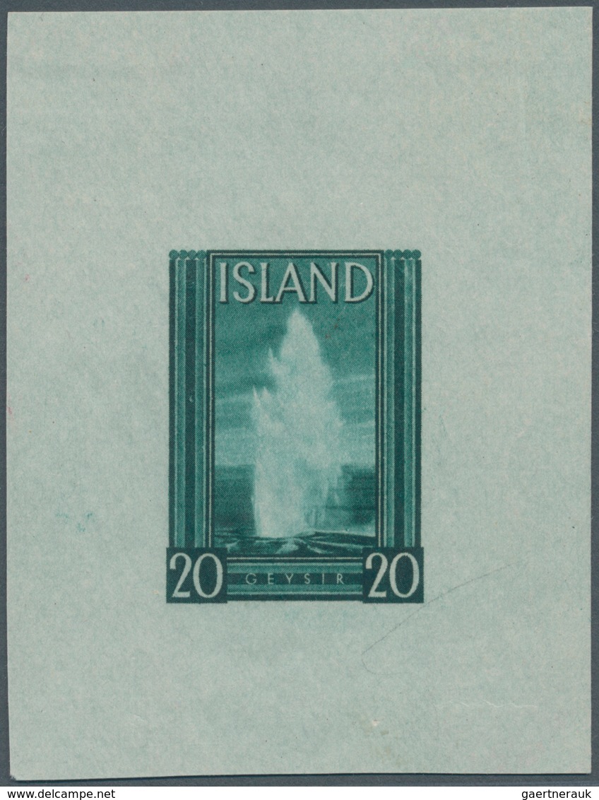Island: 1938, Leif-Eriksson Day IMPERFORATE PROOF For A 20aur. Value Showing A Geyser In Blue Green - Autres & Non Classés
