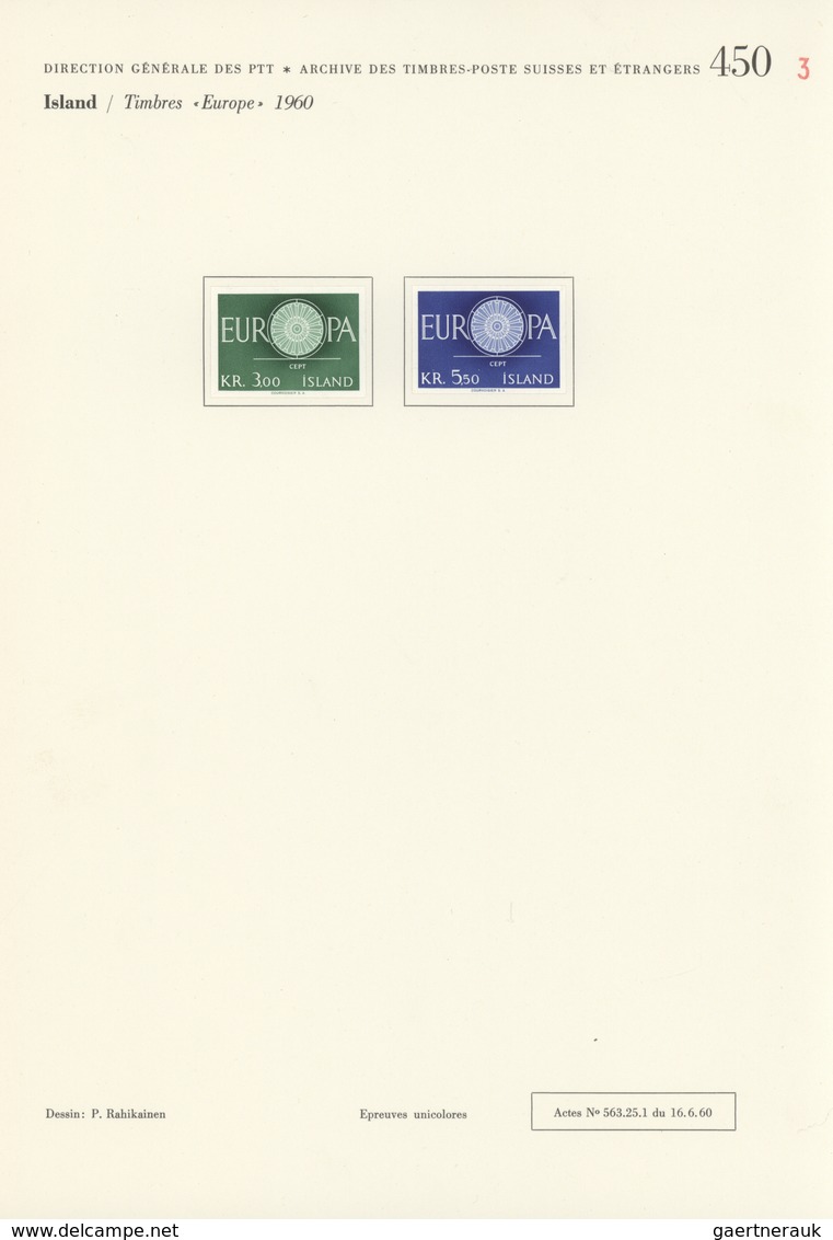 Island: 1960, 3 Und 5,50 Kr. Europa, Ungezähnt In Originalfarben Auf Archivblatt Der Generaldirektio - Autres & Non Classés