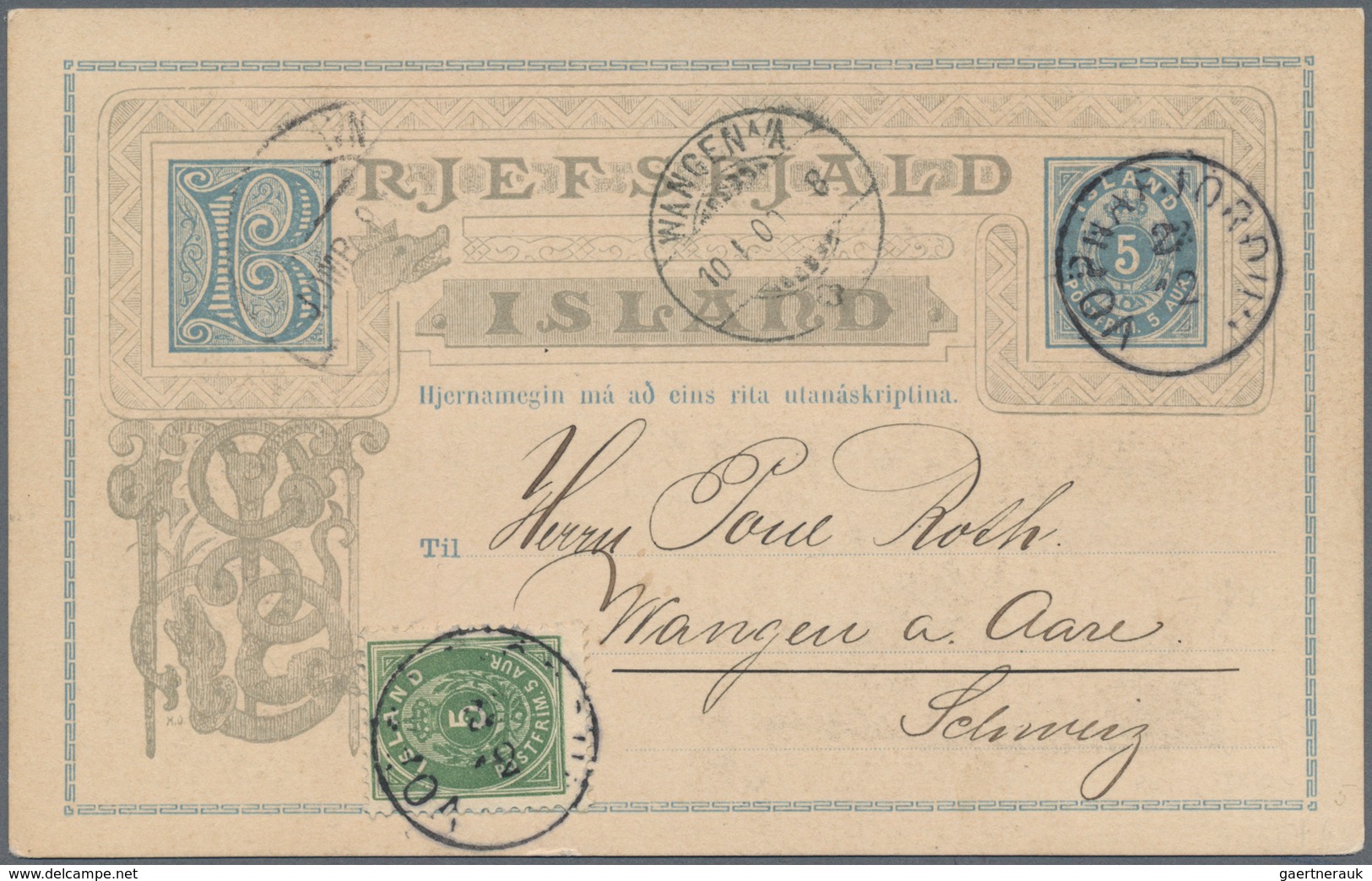 Island - Ganzsachen: 1899 (23.12.), Stat. Postcard 5aur. Ultramarine Uprated With 5aur. Green Commer - Entiers Postaux