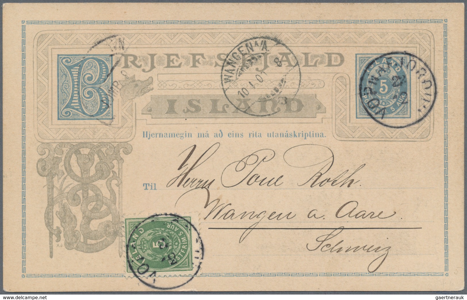 Island - Ganzsachen: 1899 (23.12.), Stat. Postcard 5aur. Ultramarine Uprated With 5aur. Green Commer - Postal Stationery