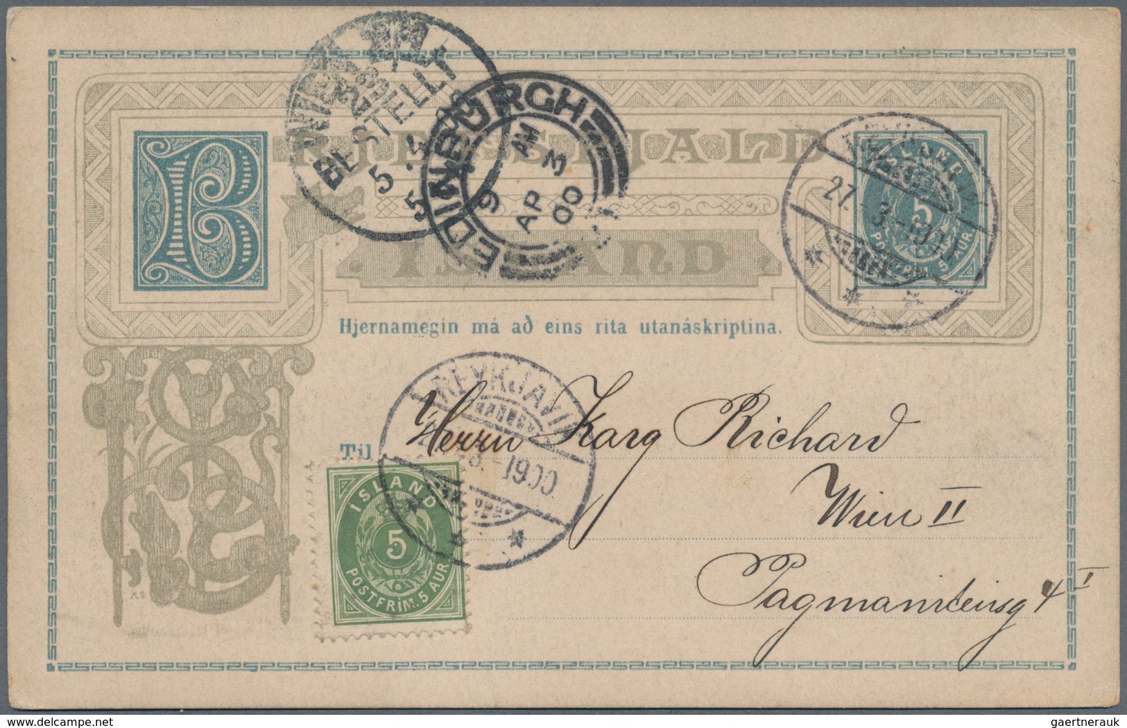Island - Ganzsachen: 1900 (27.3.), Stat. Postcard 5aur. Ultramarine Uprated With 5aur. Green Commerc - Entiers Postaux