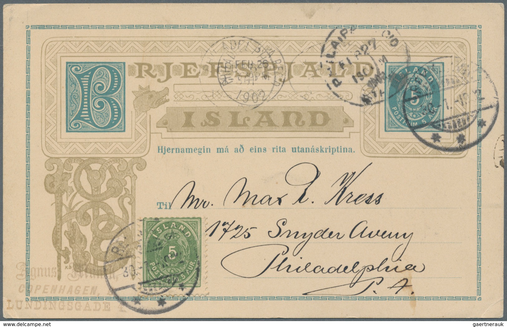 Island - Ganzsachen: 1902 (30.1.), Stat. Postcard 5aur. Ultramarine Uprated With 5aur. Green Commerc - Postal Stationery