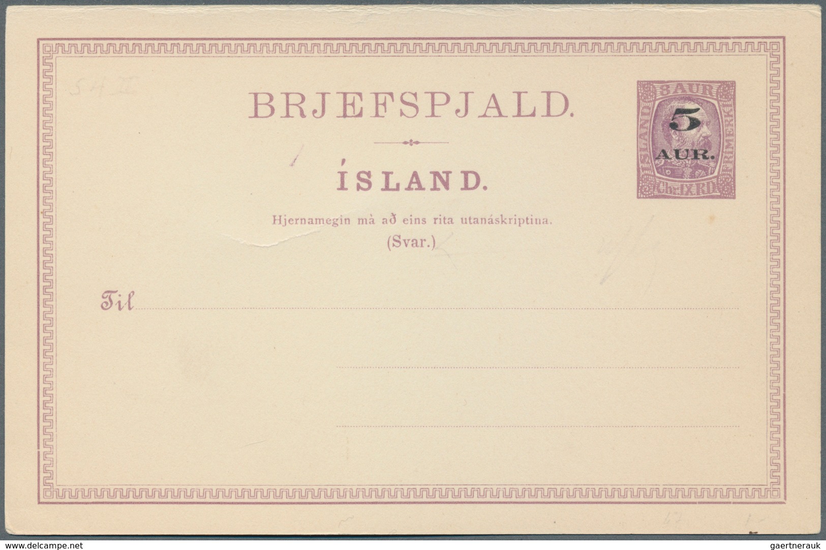 Island - Ganzsachen: 1919 Unused And Revalued Postal Stationery Card With Overprint 5 Aur. On 8 Aur. - Entiers Postaux