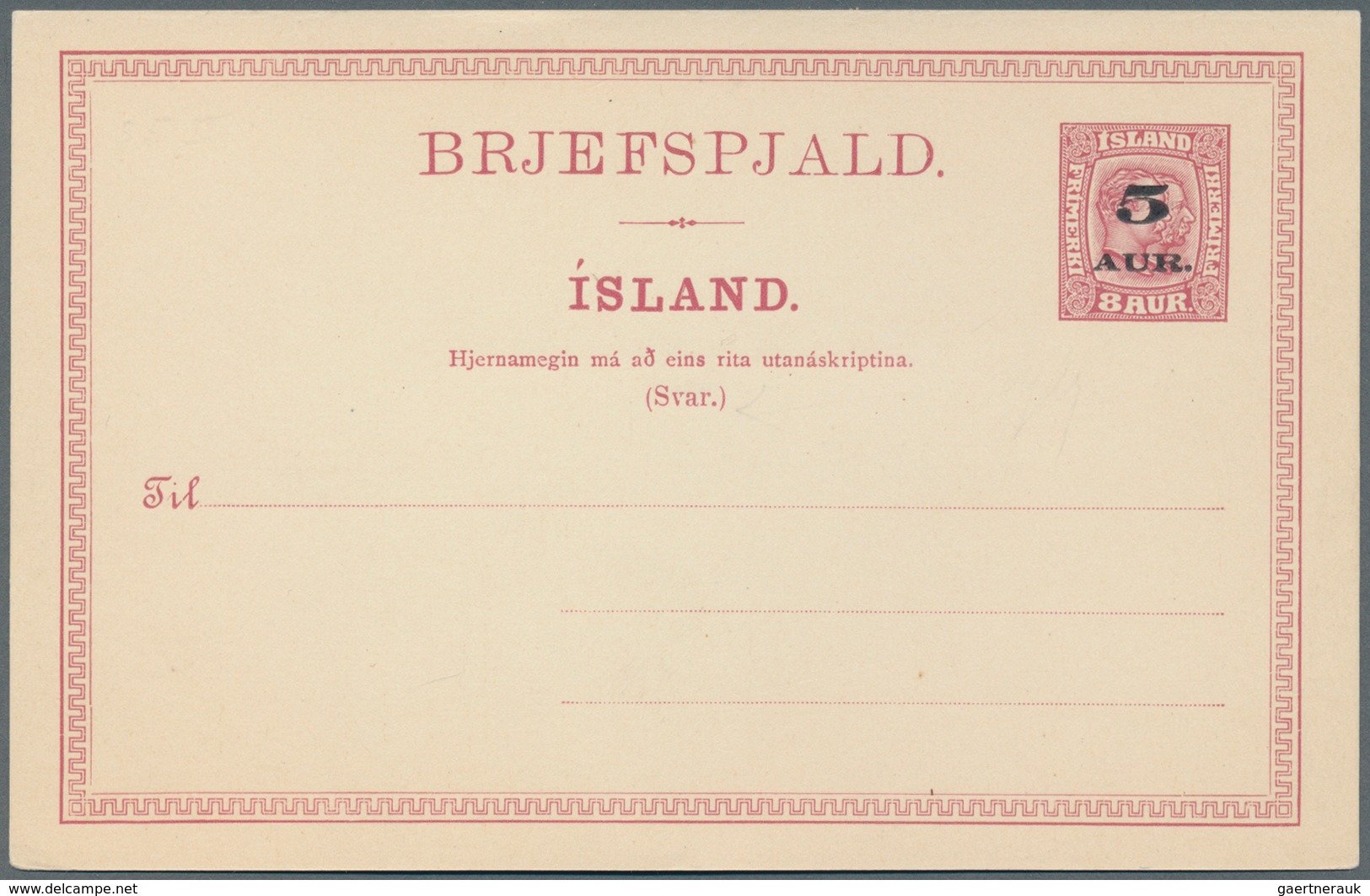 Island - Ganzsachen: 1919 Unused And Revalued Postal Stationery Card With Overprint 5 Aur. On 8 Aur. - Ganzsachen