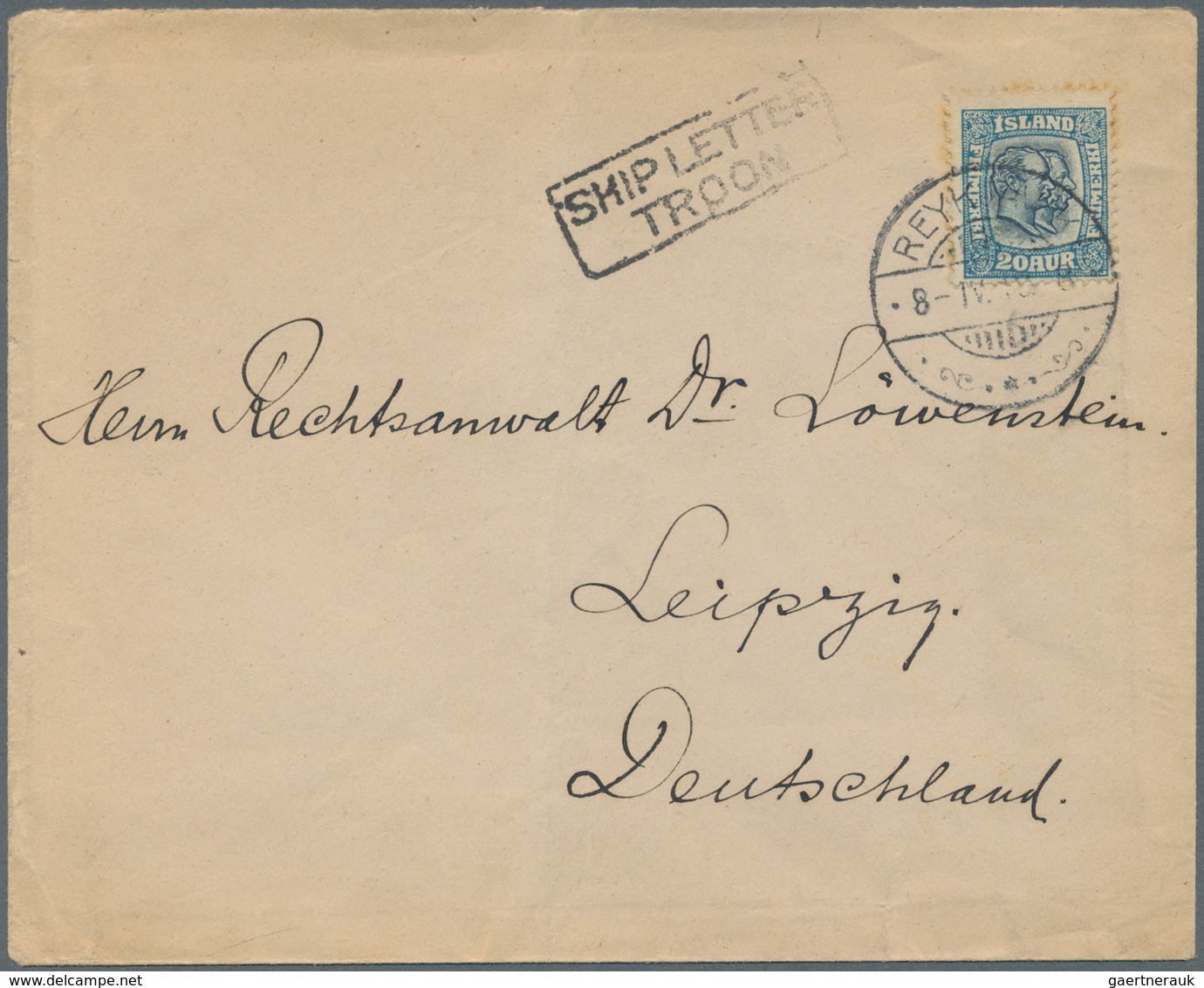 Island - Stempel: 1910, Cover From "REYKJAVIK 8.IV.10" Franked With 20 A "double Kings" With Paper S - Other & Unclassified