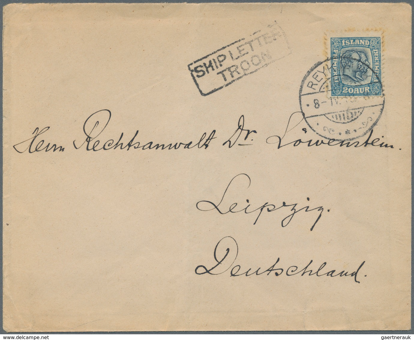 Island - Stempel: 1910, Cover From "REYKJAVIK 8.IV.10" Franked With 20 A "double Kings" With Paper S - Sonstige & Ohne Zuordnung