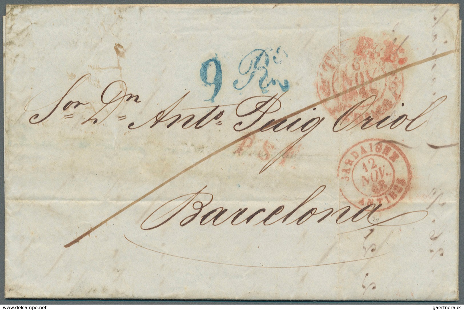 Italien - Vorphilatelie: 1848, Brief Von Trieste Nach Barcelona U.a. Mit Rotem L1 "P.F" (Post Fronti - 1. ...-1850 Vorphilatelie
