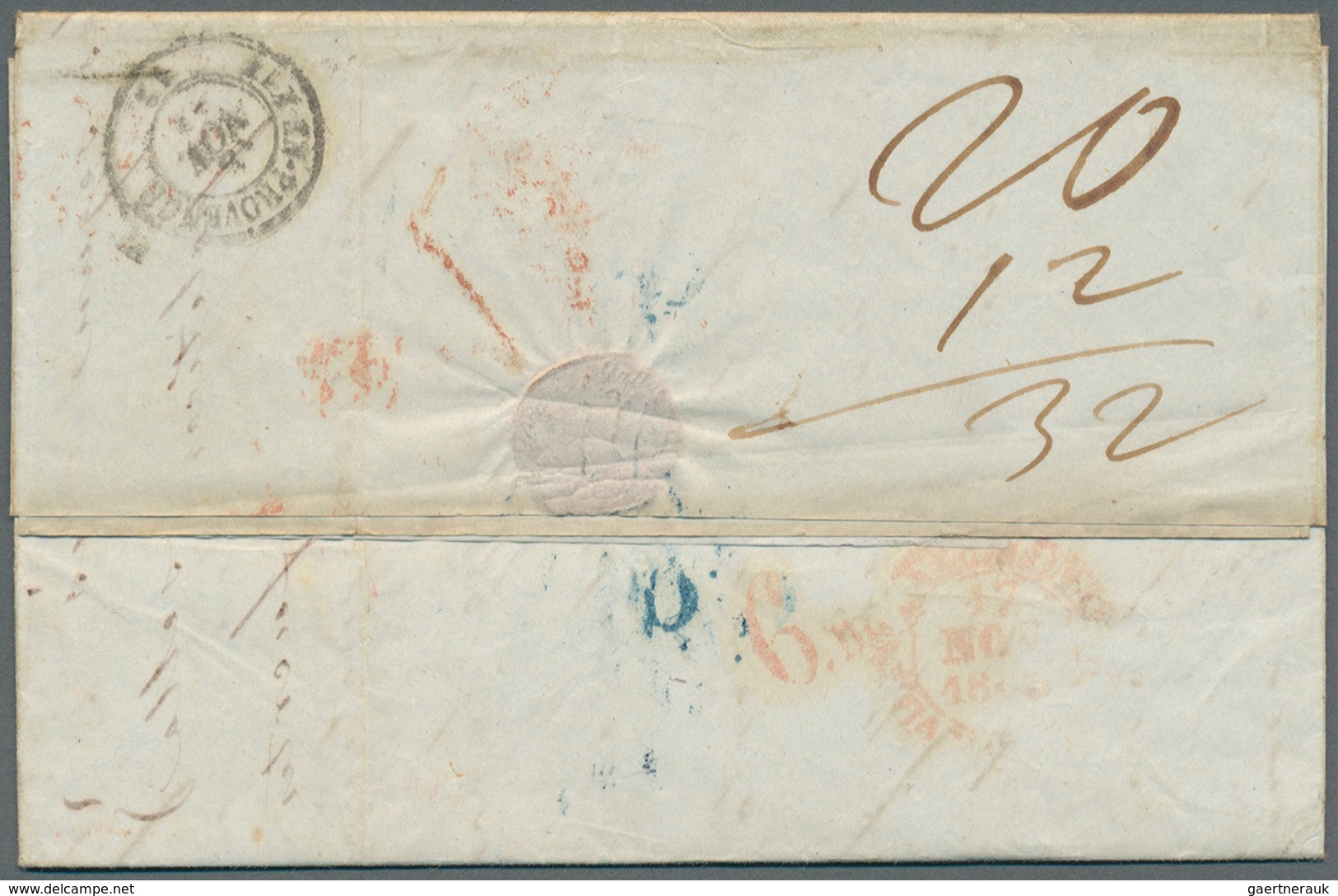 Italien - Vorphilatelie: 1848, Brief Von Trieste Nach Barcelona U.a. Mit Rotem L1 "P.F" (Post Fronti - 1. ...-1850 Prephilately