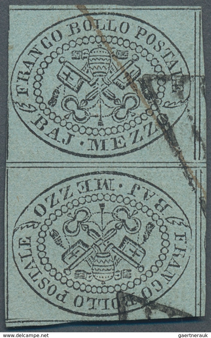 Italien - Altitalienische Staaten: Kirchenstaat: 1852, 1/2 Baj Black On Blue-grey, Vertical Tête-bêc - Etats Pontificaux