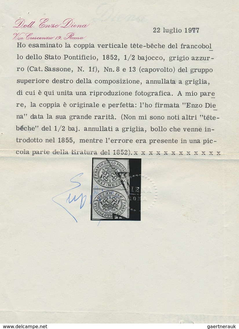 Italien - Altitalienische Staaten: Kirchenstaat: 1852, 1/2 Baj Black On Blue-grey, Vertical Tête-bêc - Papal States